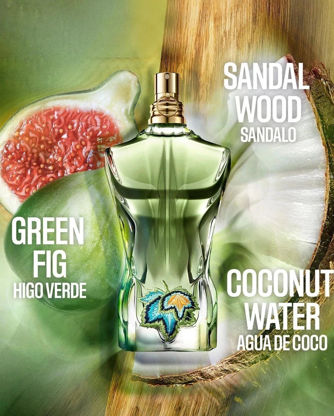 JEAN PAUL GAULTIER Perfume bottle with fig, coconut, and sandalwood elements on a green background
