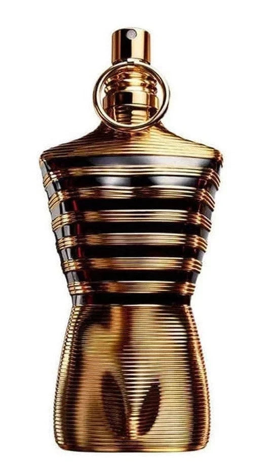 JEAN PAUL GAULTIER Gold and bronze striped perfume bottle on a white background