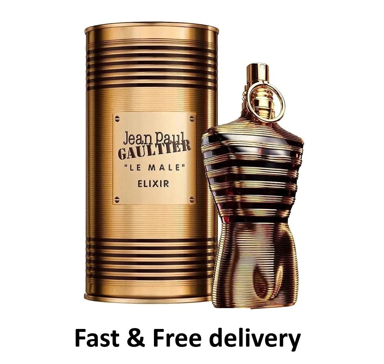 JEAN PAUL GAULTIER Gold perfume bottle and packaging of Jean Paul Gaultier Le Male Elixir on a white background.