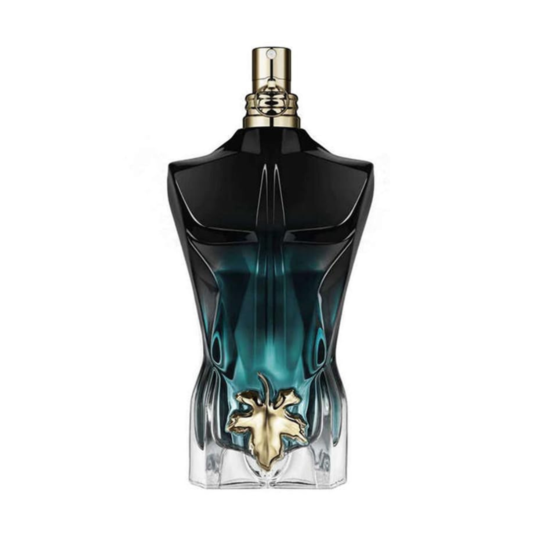JEAN PAUL GAULTIER Perfume bottle with black and teal design on a white background