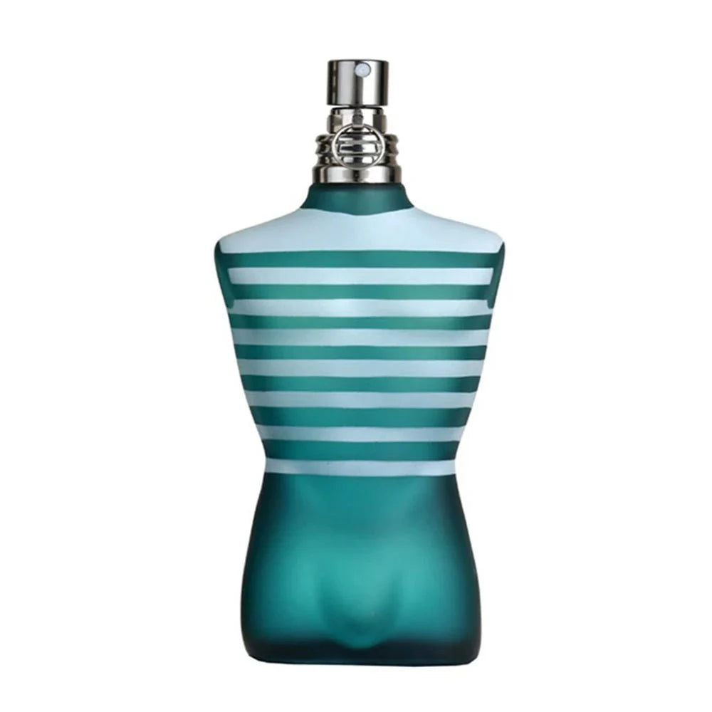 JEAN PAUL GAULTIER Perfume bottle with green and white striped design on a white background